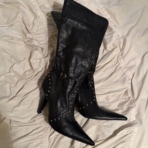 Black Studded Knee-High Women's Boots